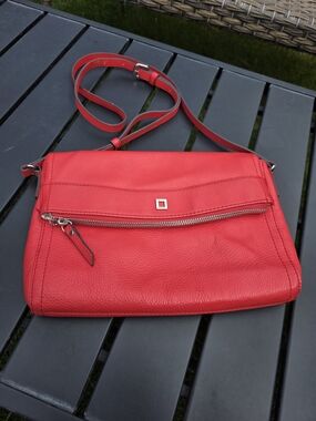 Lodis Red Genuine Leather Crossbody Bag Silver Hardware Chevron Lining Pebbled